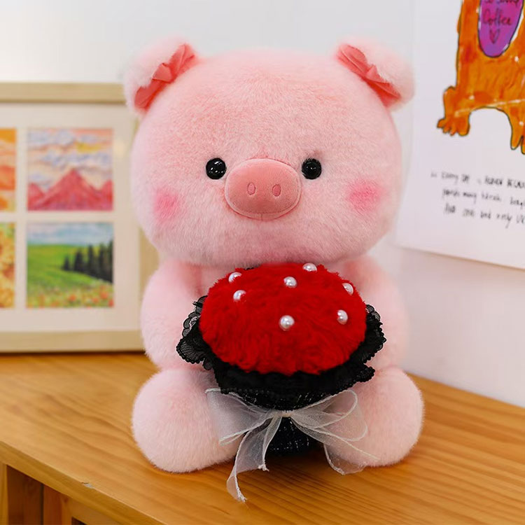 pink pig holding flowers plush toys